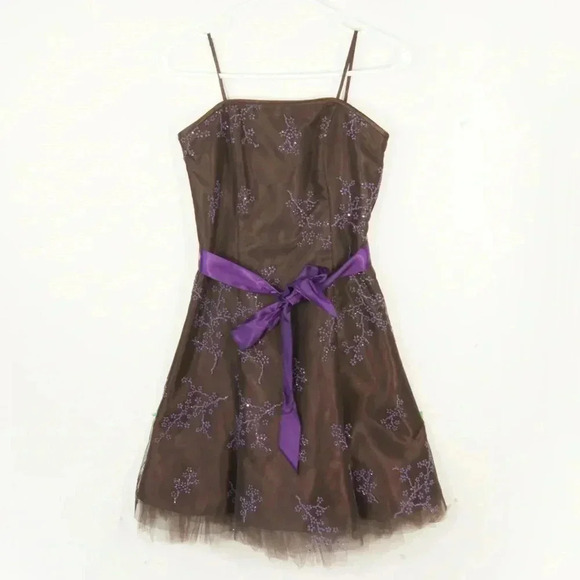 Vintage Jessica McClintock Gunne Sax Brown Tulle Purple Beaded Floral Dress - Picture 3 of 5